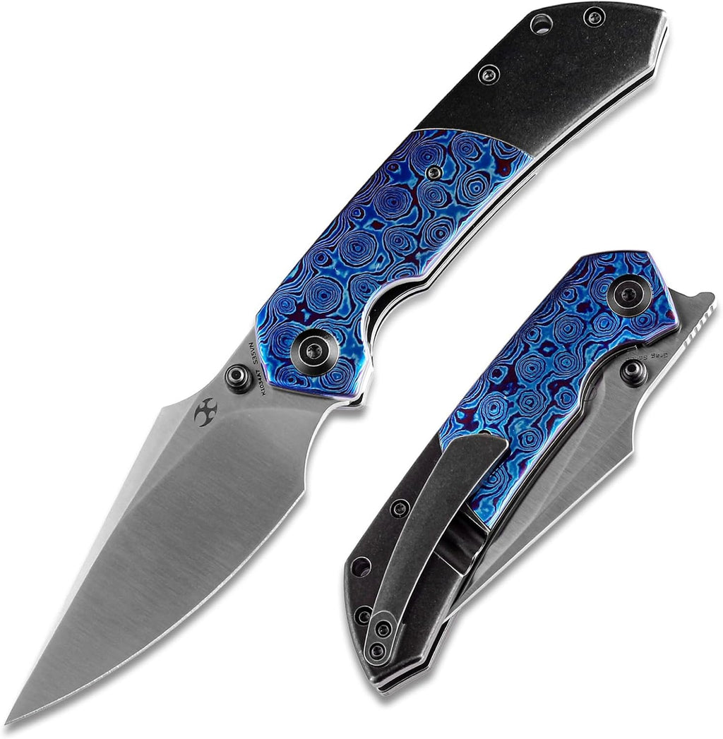 KANSEPT Fenrir Pocket Knife, 3.48' Satin CPM-S35VN Harpoon Blade, Blackwash Titanium Handle Timascus Inlay, Thumb Stud & Liner Lock with Deep Clip EDC Knives for Camping Hunting Survival K1034A7