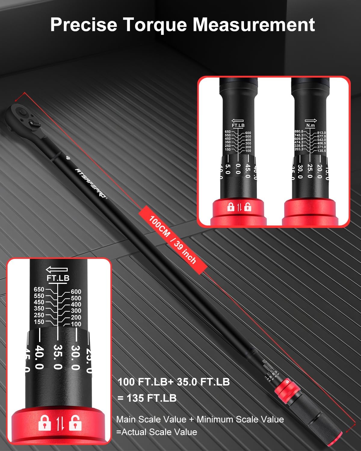 ATsafepro 3/4 Torque Wrench 100-650 Ft-Lb – ±3% Accuracy, Reversible 48-Tooth Ratchet, Cr-V Steel, Dual Scale, 3/4' Drive Click Heavy Duty Precision Torque Wrench for Truck, RV, Heavy Equipment