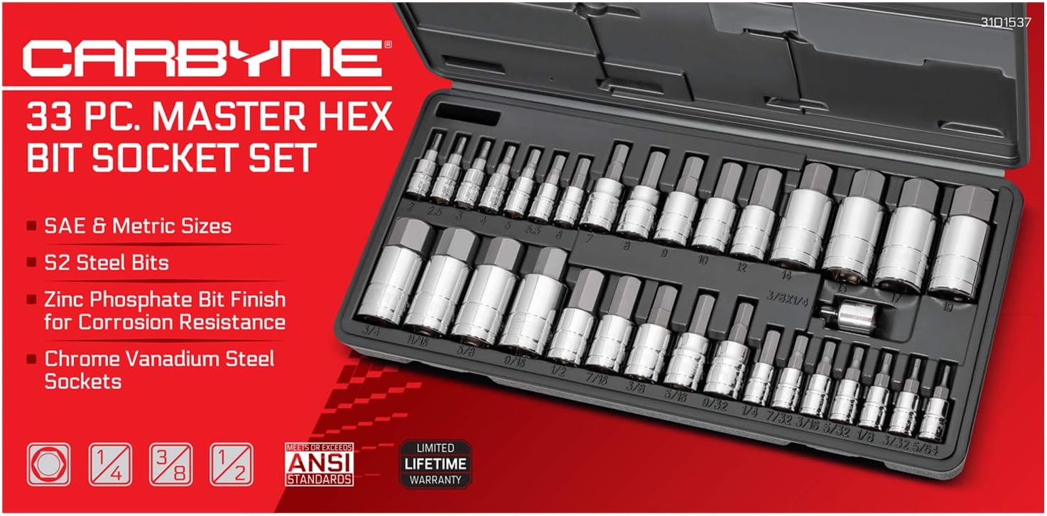 CARBYNE 33-Piece Master Bit Socket Set, SAE & Metric Hex (Allen) Bit Sockets, S2 Steel, 1/4', 3/8' & 1/2' Drive for Automotive, Motorcycle & Furniture Repair