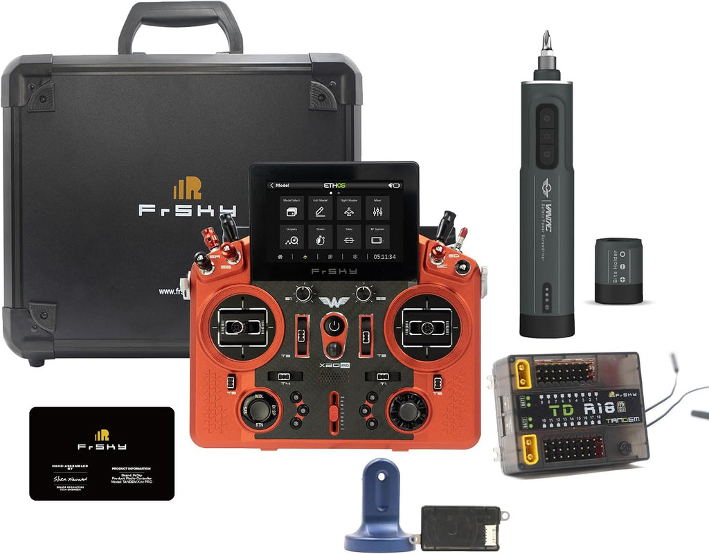 FrSky Tandem X20 PRO AW Radio Transmitter (Orange Red) Ultimate Combo - Includes TD SR18 Receiver, Remote NFC Panel & VANTAC Electric Screwdriver, Dual-Band 24CH Flagship RC Controller System