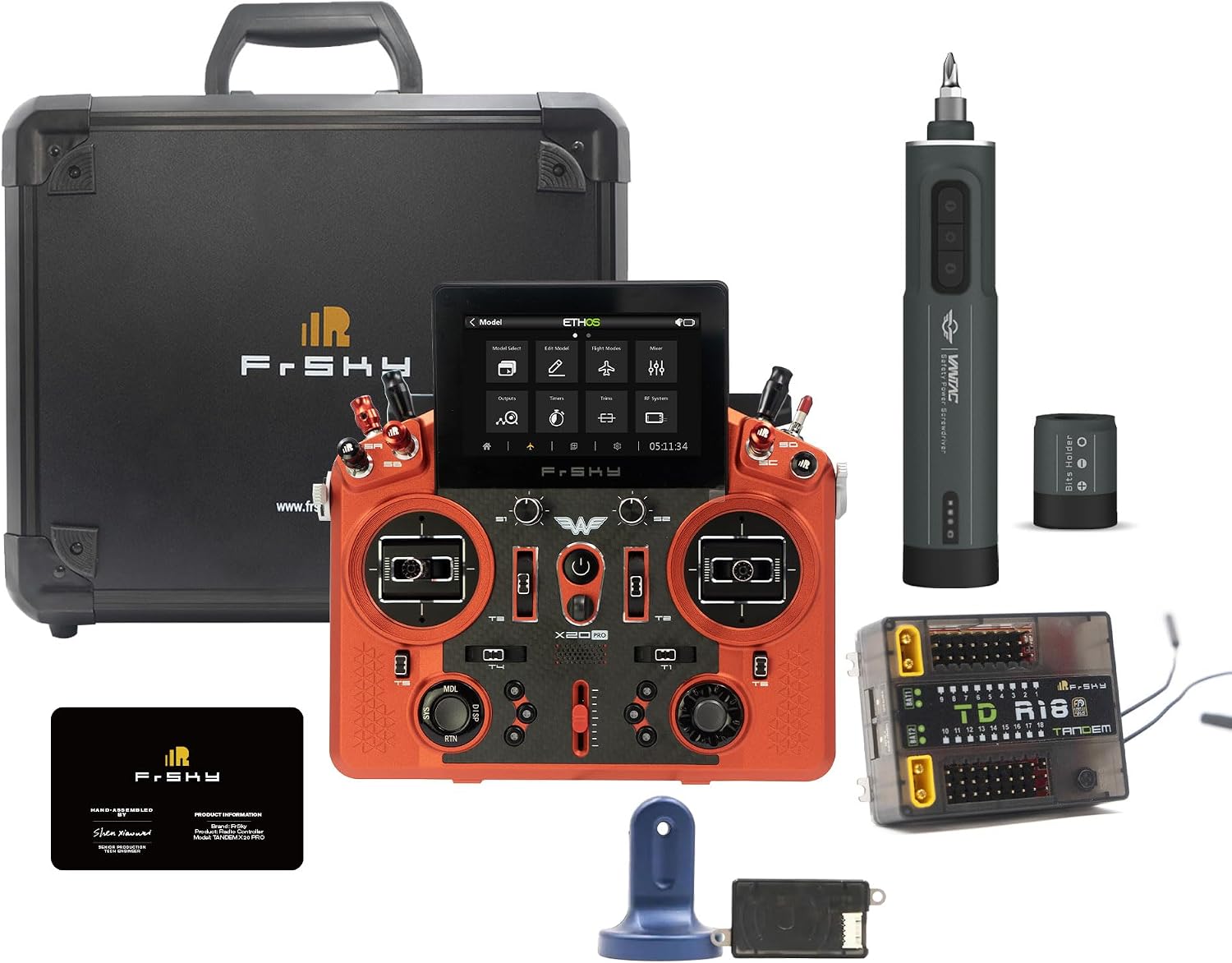 FrSky Tandem X20 PRO AW Radio Transmitter (Orange Red) Ultimate Combo - Includes TD SR18 Receiver, Remote NFC Panel & VANTAC Electric Screwdriver, Dual-Band 24CH Flagship RC Controller System