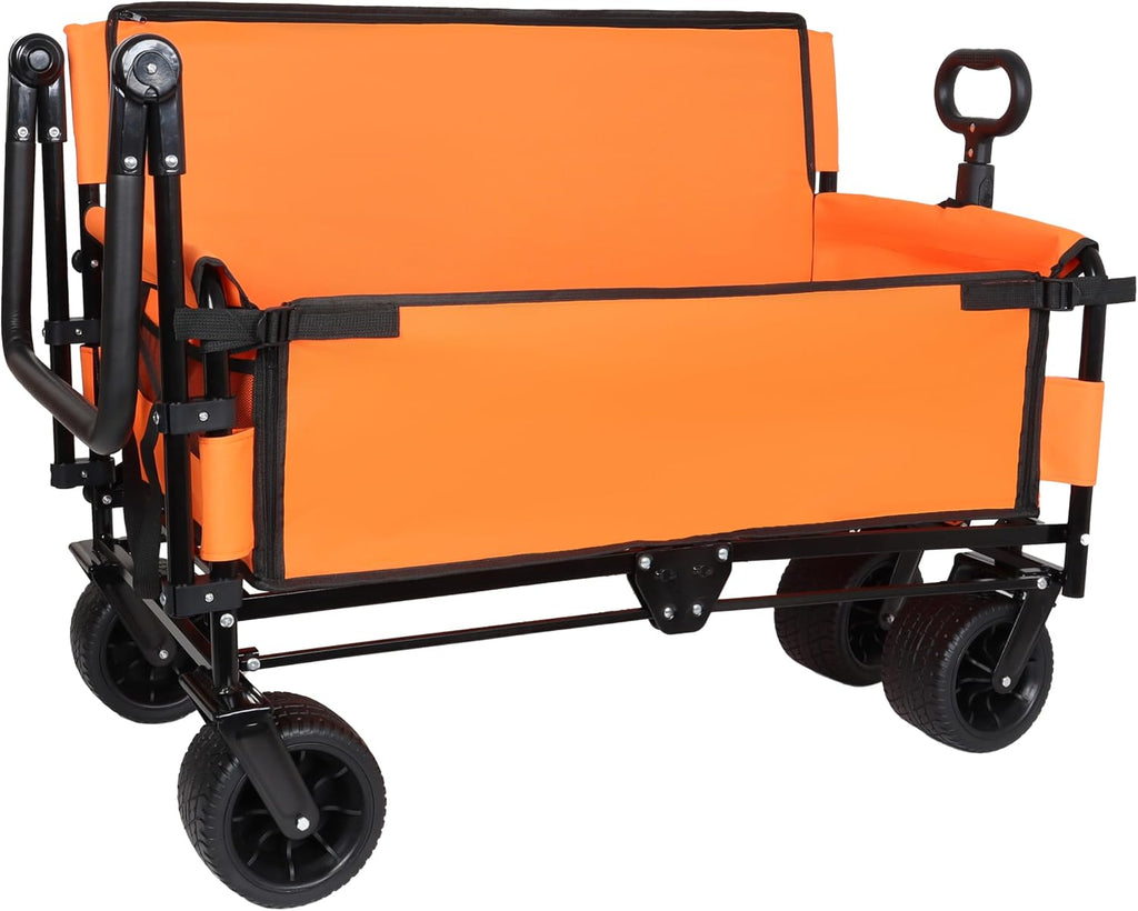 3-in-1 Heavy-Duty Folding Wagon Cart with Adjustable Canopy & Bench Seat – 500lbs Capacity, All-Terrain Utility Cart for Camping, Beach, Sports, Garden Storage (Orange)