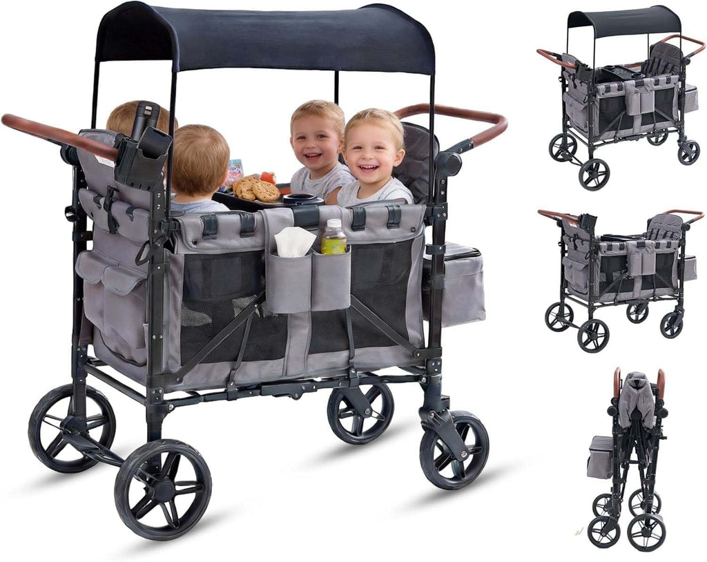 Stroller Wagon for 4 Kids, 4 Seater Wagon Stroller with Snack Tray, Large Storage Bag, Phone Cup Holder, Removable Canopy, Foldable Wagon Stroller 4 Seater with Adjustable Push Handles (Grey)