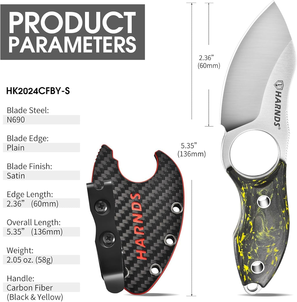 Harnds Small Fixed Blade Knife Full Tang EDC Knives, Neck Knife with N690 Steel Blade and Carbon Fiber Handle for Fishing and Skinning Eggplant