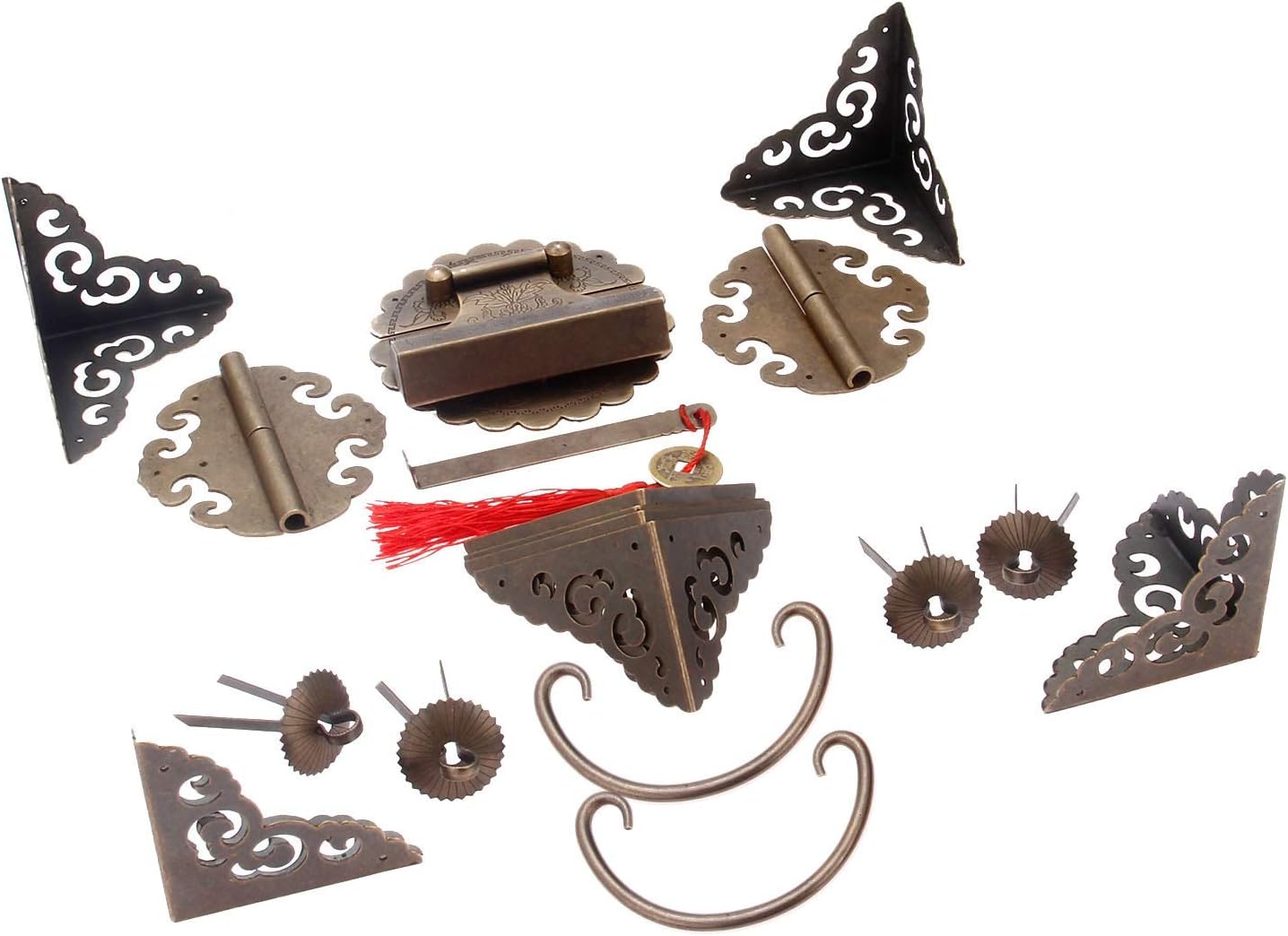 Hinges Heavy Duty Brass Chinese Decorative Hardware for Furniture Wooden Box Buckle Hasp Latch Lock Hinge Corner Protectors Handle Washers and Pins for Cabinets