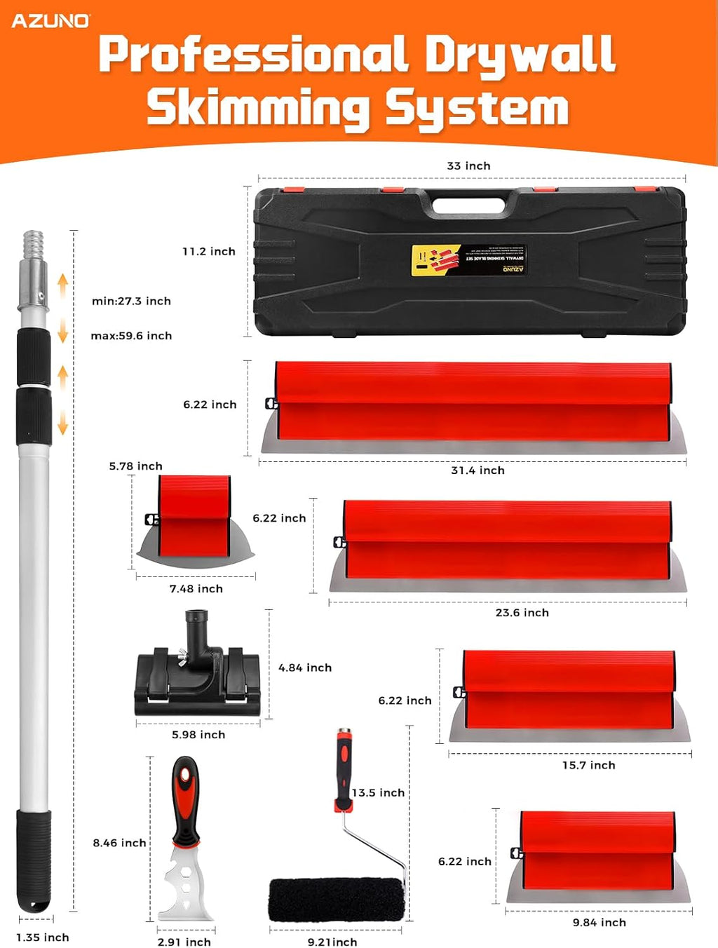 AZUNO Drywall Skimming Blade Set with Case| 10,16,24,32 Inch Stainless Steel Skimming Blades| 27'-60' Extension Handle, Compound Roller, Bucket Scoop & Putty Knife for Wall & Ceiling Finishing