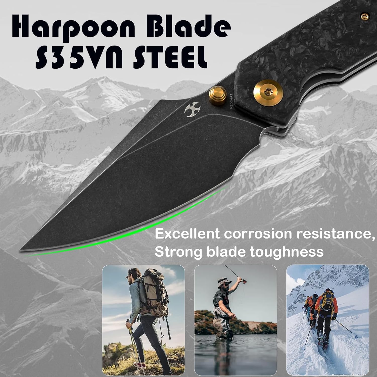KANSEPT Fenrir Pocket Knife, 3.48' Blackwash CPM S35VN Harpoon Blade, Titanium Handle Shred Carbon Fiber Inlay, Thumb Stud & Liner Lock with Deep Clip EDC Knives for Camping Hunting Survival K1034A1