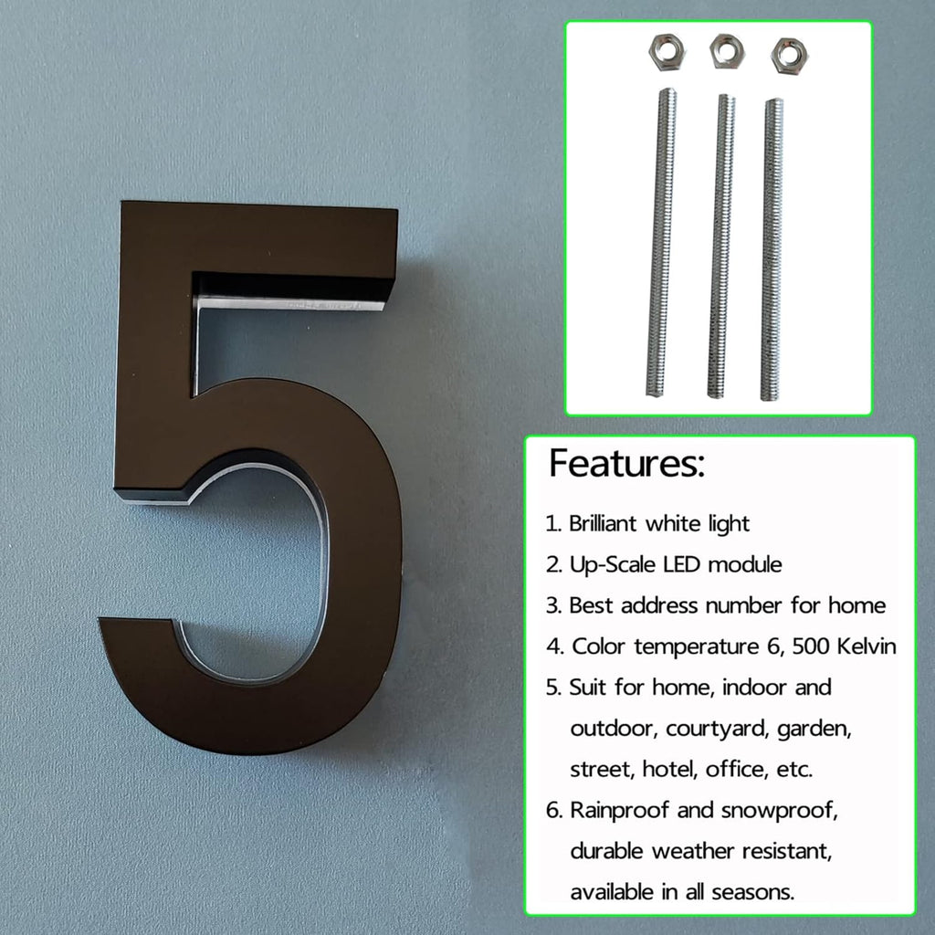House Numbers, Stainless Steel, Up-Scale Quality, Backlit LED Illuminated Home Address Number, Lighted House Numbers, Modern Address Numbers, Black, White Light,14 Inch,4