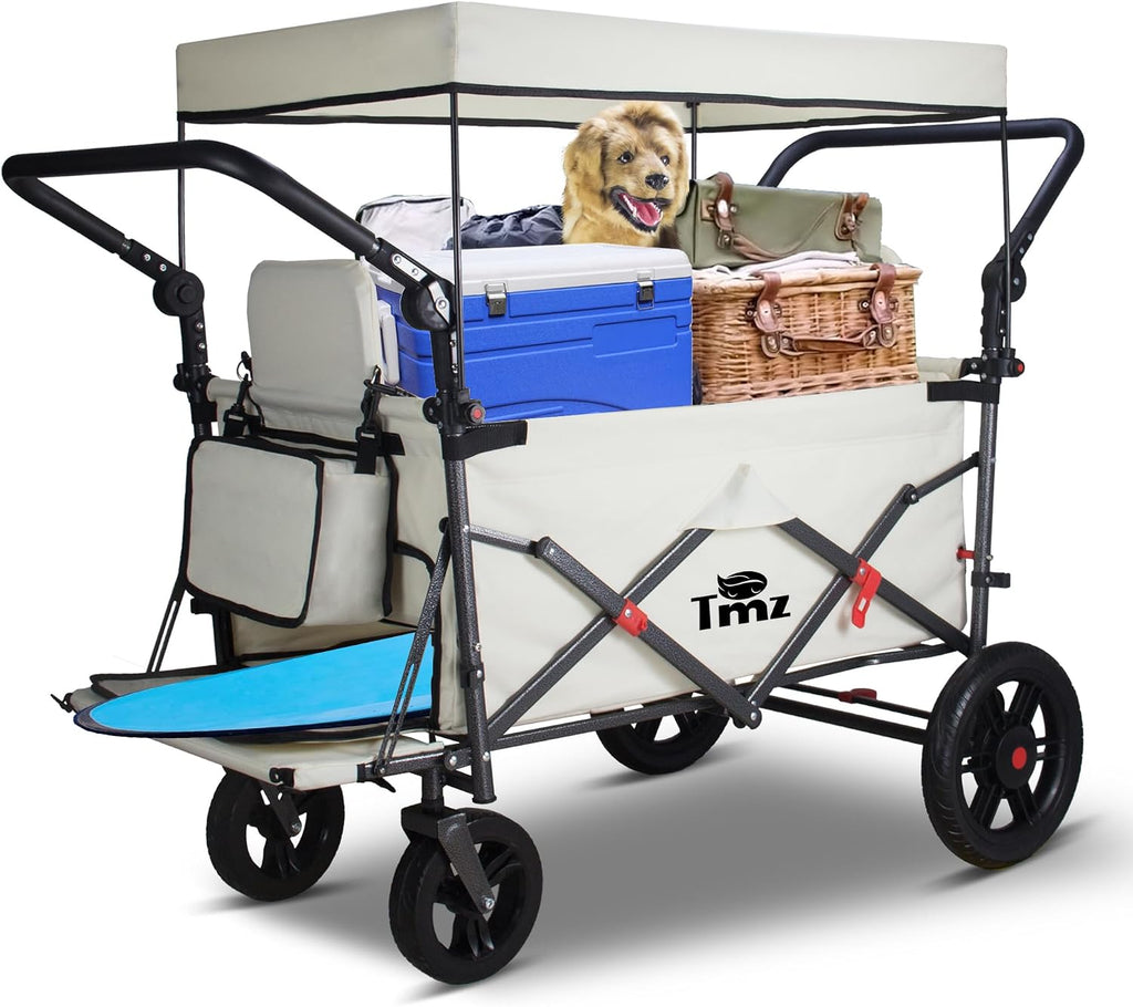 TMZ Collapsible Wagon with 2 Foldable Seats, Folding Wagon with Canopy, Multi Functional Cart with Adjustable Handle Bar, Front Expandable for Transport Camping (Beige)