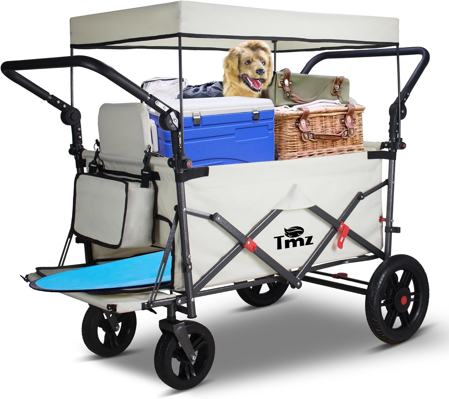 TMZ Collapsible Wagon with 2 Foldable Seats, Folding Wagon with Canopy, Multi Functional Cart with Adjustable Handle Bar, Front Expandable for Transport Camping (Beige)