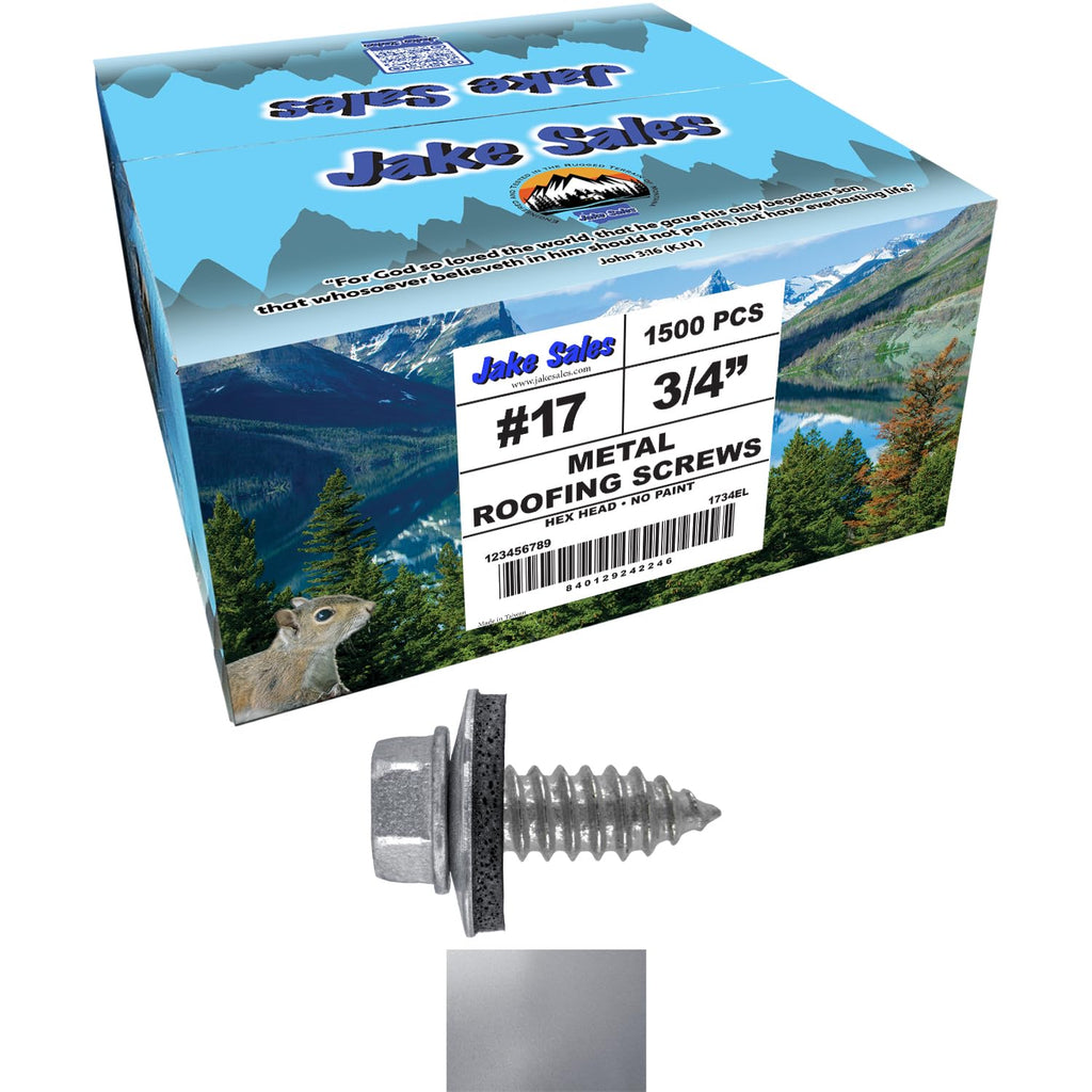 17 x 3/4' No-Paint Hex Washer Head Metal Roofing Screws with EPDM Washer - for Panel-to-Purlin and Recovery Applications - 6 Bags of 250 (1,500 Total)