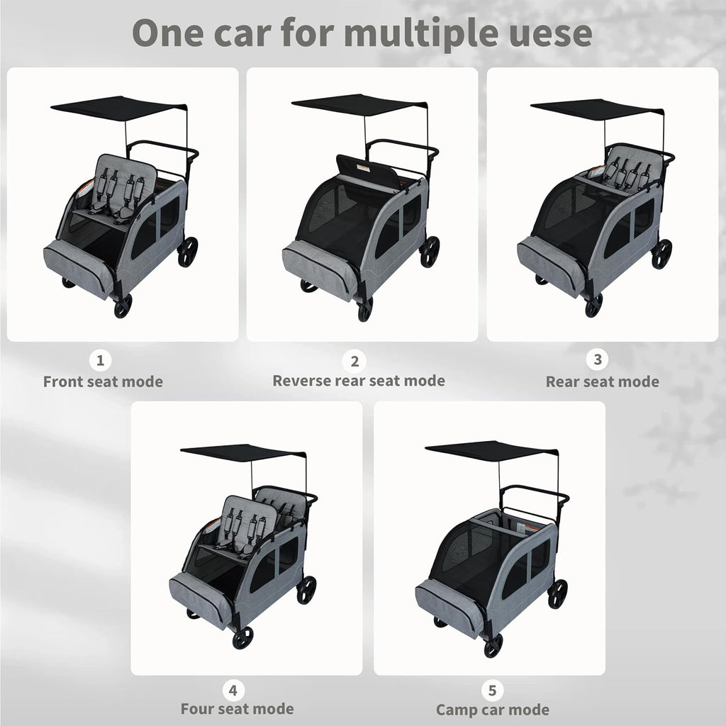 Car-Shaped Large 4 Seater Stroller Wagon for 2 3 Kids Toddler Child Foldable All-Terrain Triple Quad Wagon with Removable Canopy, 5-Point Harness, Storage Bag Shopping Outdoor Light Grey