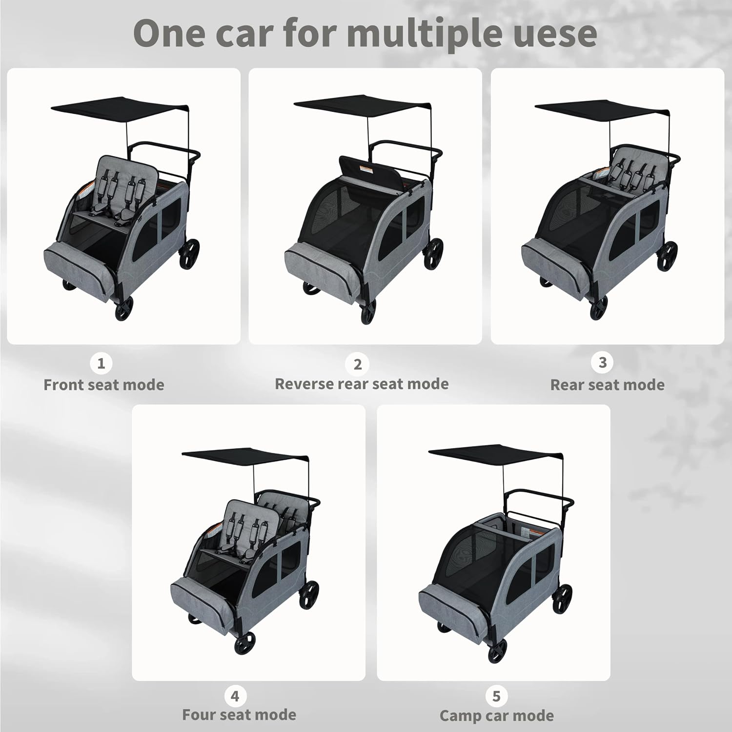Car-Shaped Large 4 Seater Stroller Wagon for 2 3 Kids Toddler Child Foldable All-Terrain Triple Quad Wagon with Removable Canopy, 5-Point Harness, Storage Bag Shopping Outdoor Light Grey