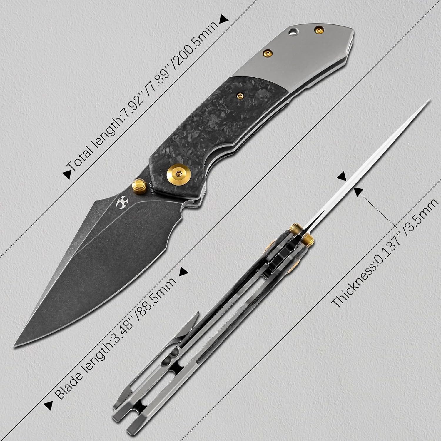 KANSEPT Fenrir Pocket Knife, 3.48' Blackwash CPM S35VN Harpoon Blade, Titanium Handle Shred Carbon Fiber Inlay, Thumb Stud & Liner Lock with Deep Clip EDC Knives for Camping Hunting Survival K1034A1