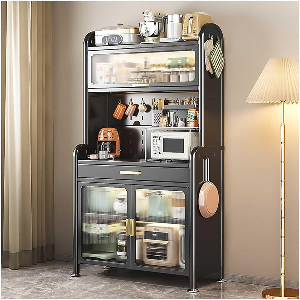 Modern Black Tall Kitchen Bakers Rack with Adjustable Shelf 5 Tier Storage Drawer and Multifunctional Microwave Stand Buffet Coffee Bar Cabinet Perfect for Pantry Organization