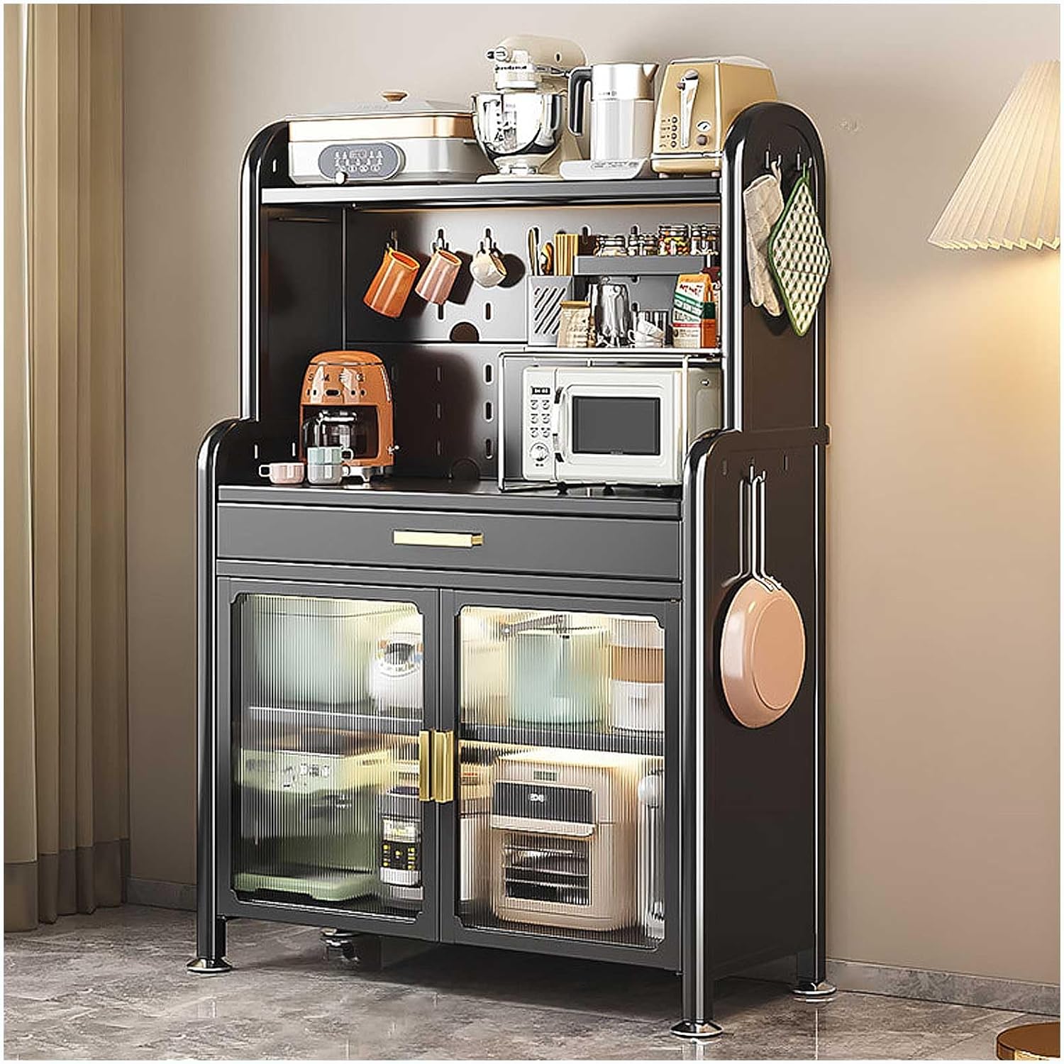 Generic Black,147.5×70cm/58×27.5in, Kitchen Baker's Rack with Adjustable Shelf, 5-Tier Microwave Stand with Drawer, Large Metal Storage Shelves for Garage Pantry Home Kitchen Spices, Pots, and Pans