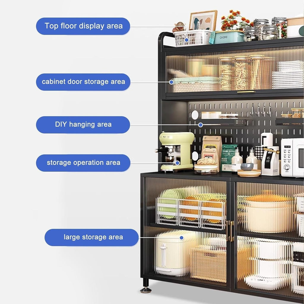 5-Tier Kitchen Baker's Rack with Flip Doors, Pegboards, Pull-Out Drawer & Wheels, Large Metal Storage Shelves