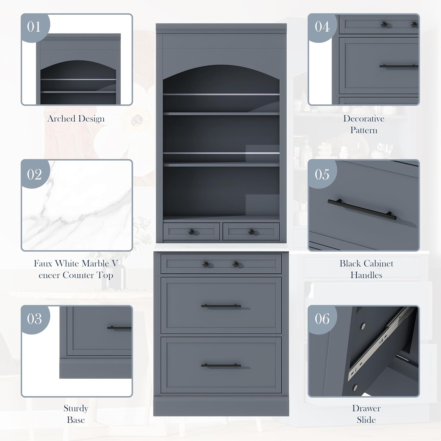 84' Modern Design Freestanding Storage Cabinet, Kitchen Storage Bakers Rack with Sturdy P2 MDF Frame, Utility Food Cupboard with 5 Storage Drawers for Kitchen/Dining Room/Living Space, Gray