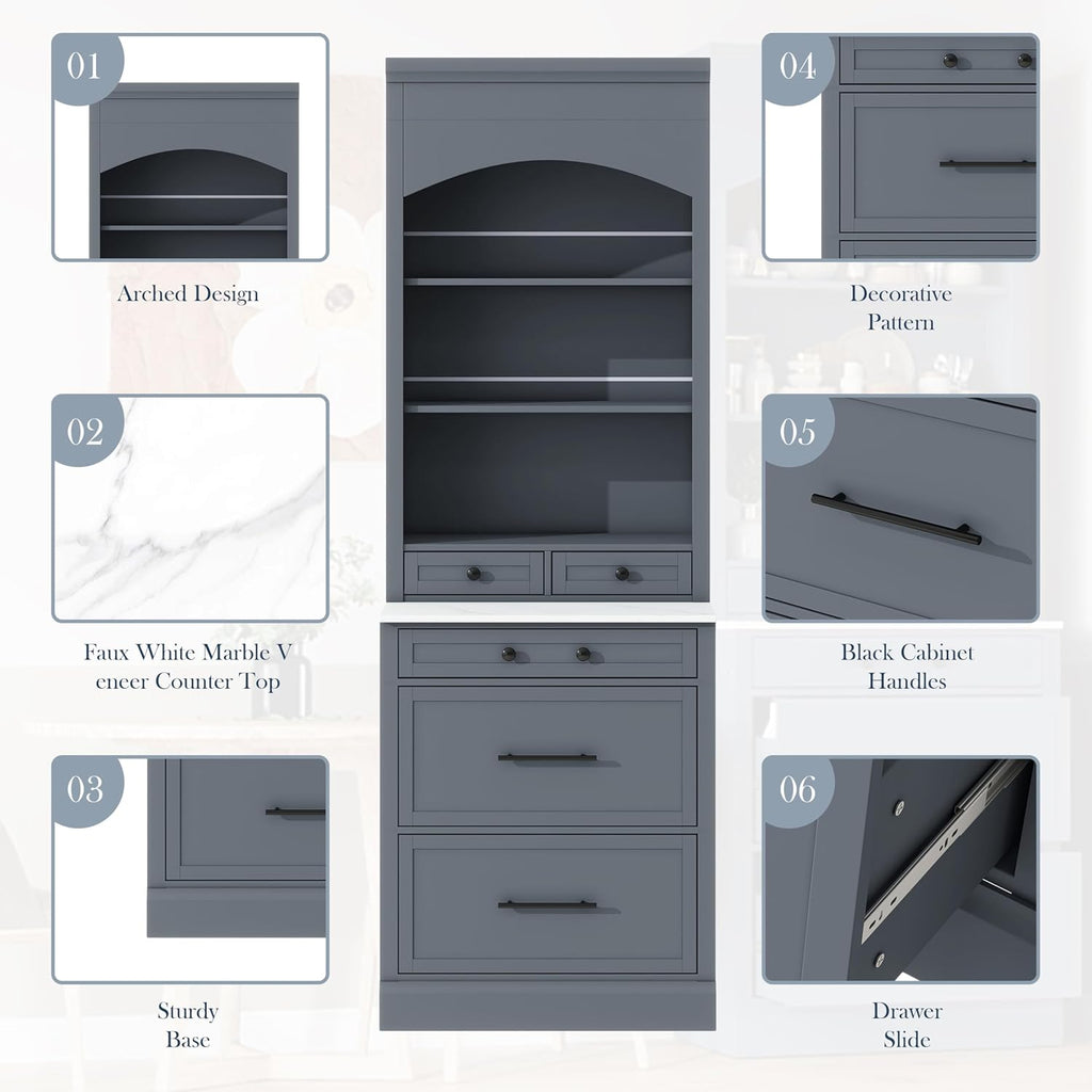 84' Faux Marble-Top Freestanding Storage Cabinet, Kitchen Storage Bakers Rack with 5 Drawers, Utility Food Cupboard with Adjustable Shelf for Kitchen/Dining Room/Living Space, Gray
