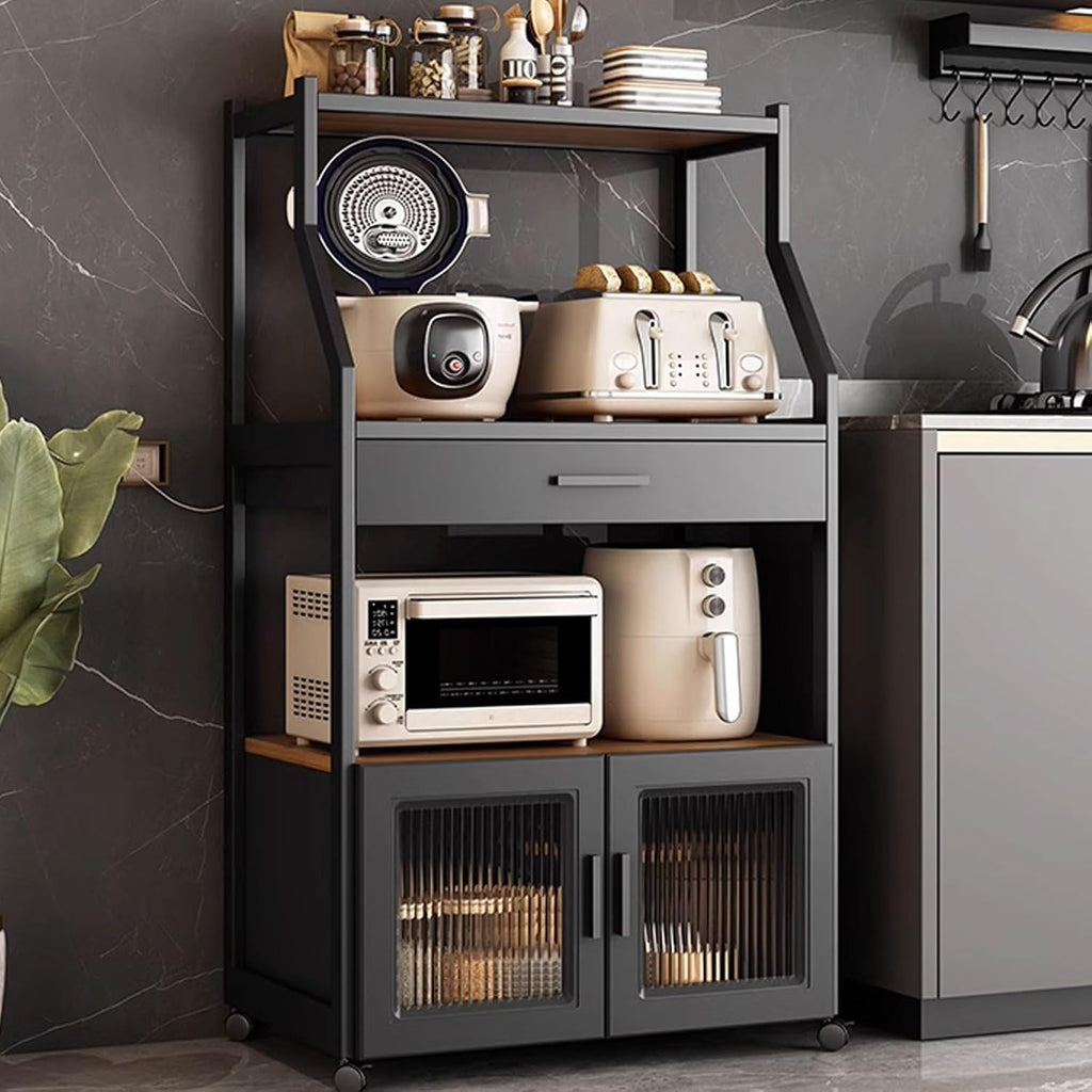 Freestanding Multi-Layer Kitchen Floor Cupboard，Microwave Storage Stand,Bakers Rack with Cabinet Made of Particle Board Kitchen Baker's Rack with Flip Door Cabinet and Drawer 4-Tier Freestan