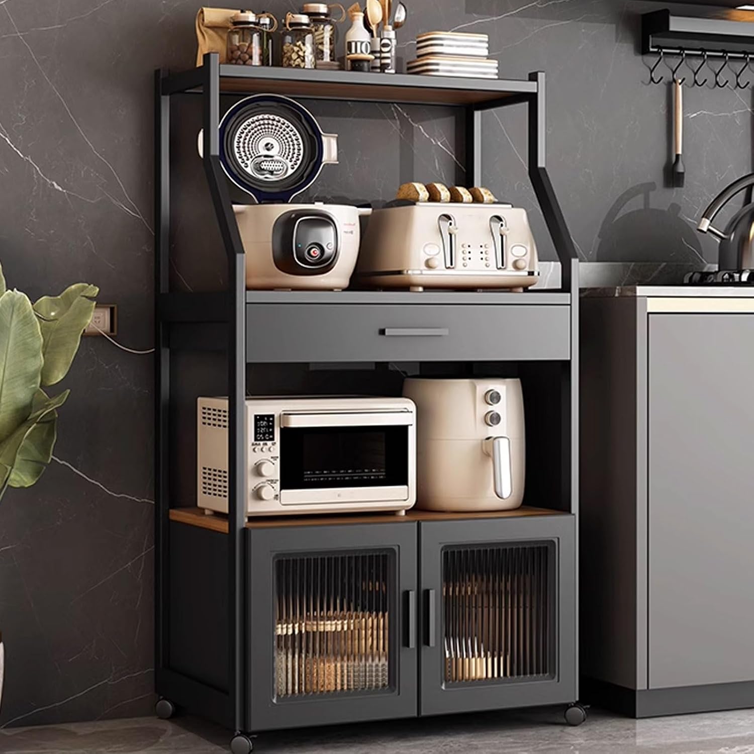 Freestanding Multi-Layer Kitchen Floor Cupboard，Microwave Storage Stand,Bakers Rack with Cabinet Made of Particle Board Kitchen Baker's Rack with Flip Door Cabinet and Drawer 4-Tier Freestan