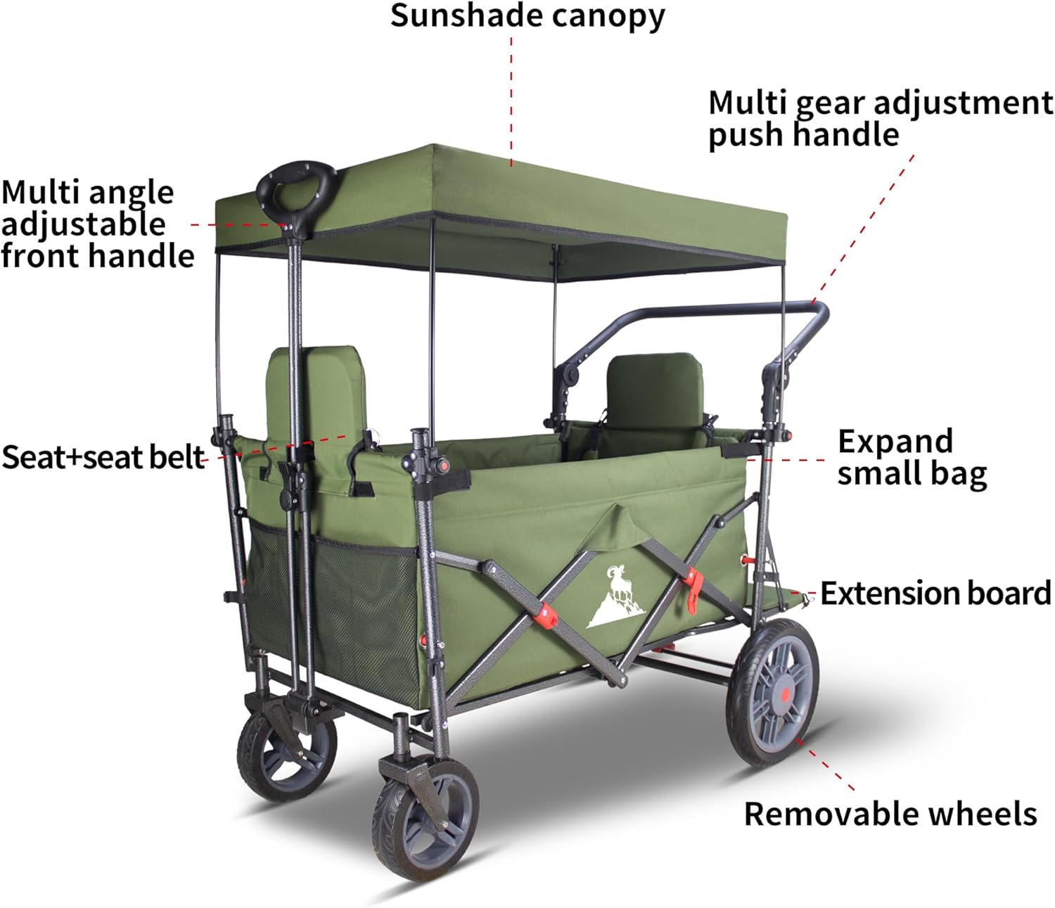 Collapsible Foldable Wagon Cart with Quick-Release Wheels & 2 Seats - Heavy-Duty Utility Folding Wagon 265LBS Capacity for Camping, Garden, Shopping (Green)