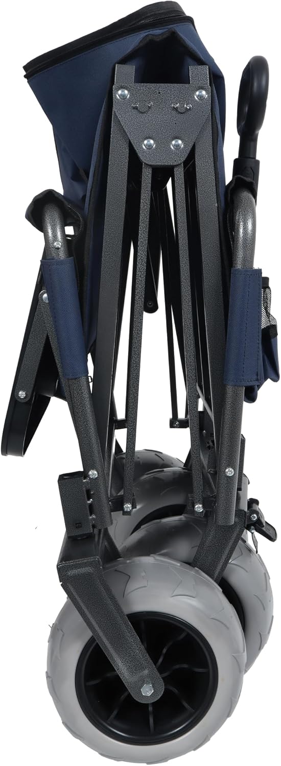 3-in-1 Convertible Folding Wagon Cart with Bench Seat & Rear-Mounted Folding Tabletop – Heavy-Duty Wagon 500lbs Capacity, 9'x4' Beach Tires for Camping,Beach,Sports & Garden Use (Dark Blue)