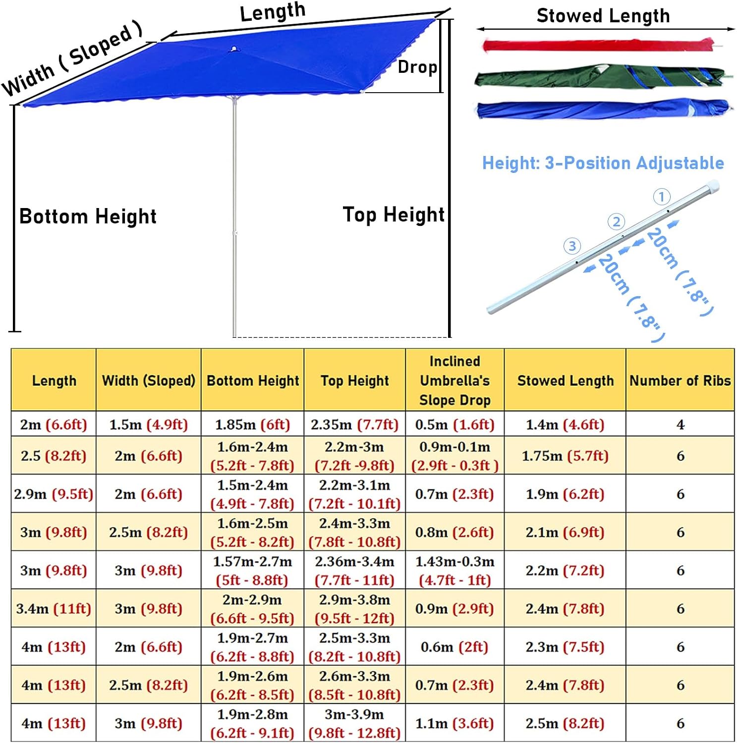 LXLZYXSF Tilted Large Commercial Umbrella for Storefronts/Stalls, Patio Outdoor Market Umbrellas with Base, Adjustable Height Temporary Canopy