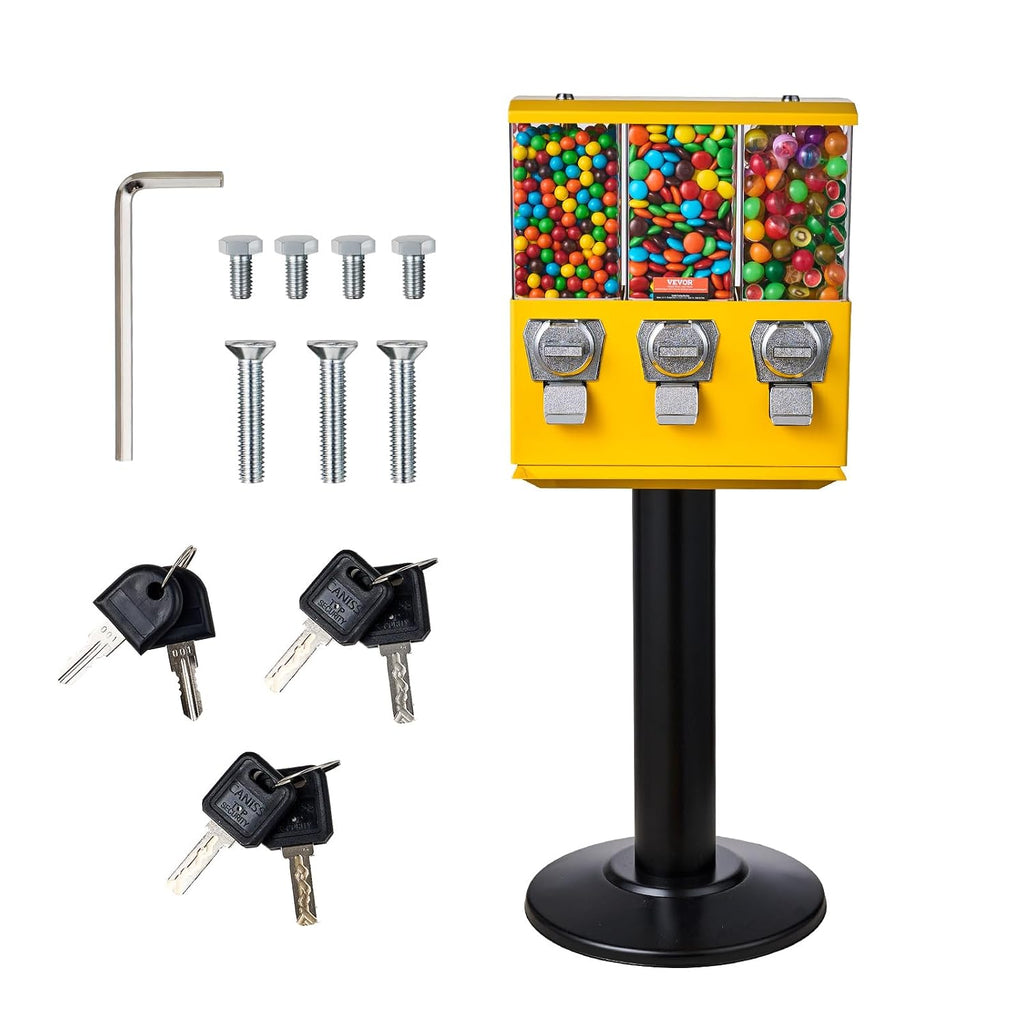 VEVOR Commercial Vending Machine, Triple Compartment Candy Dispenser with Iron Stand, Gumball and Candy Machine for Business, Coin Operated Gumball Bank for Toy Capsules Bouncy Balls Candy Nut, Yellow