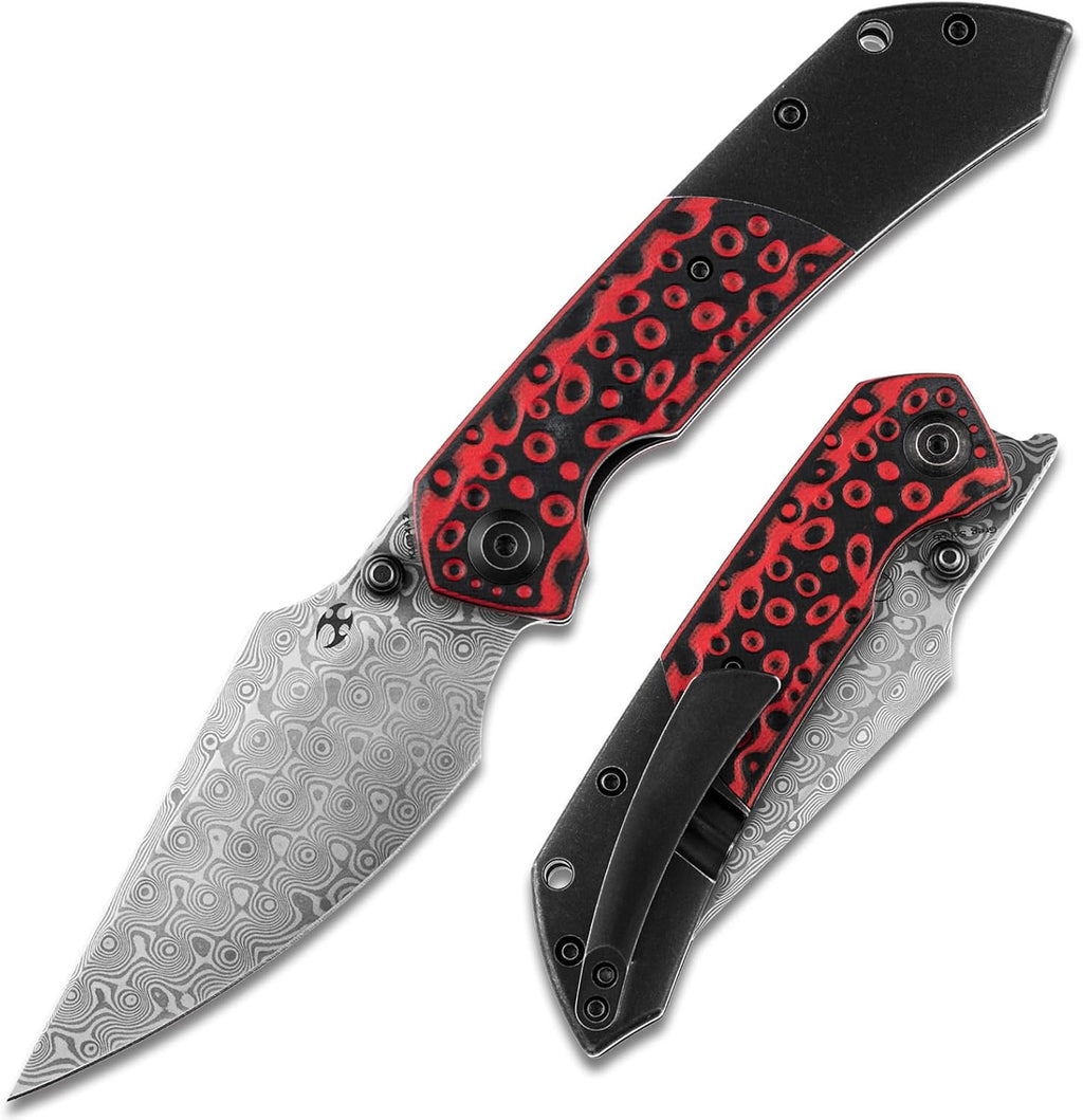 KANSEPT Fenrir Pocket Knife, 3.48' Damascus Harpoon Blade, Titanium Handle Black-Red Meteorite Crater G10 Inlay, Thumb Stud & Liner Lock with Deep Clip EDC Knives for Camping Hunting Survival K1034A2