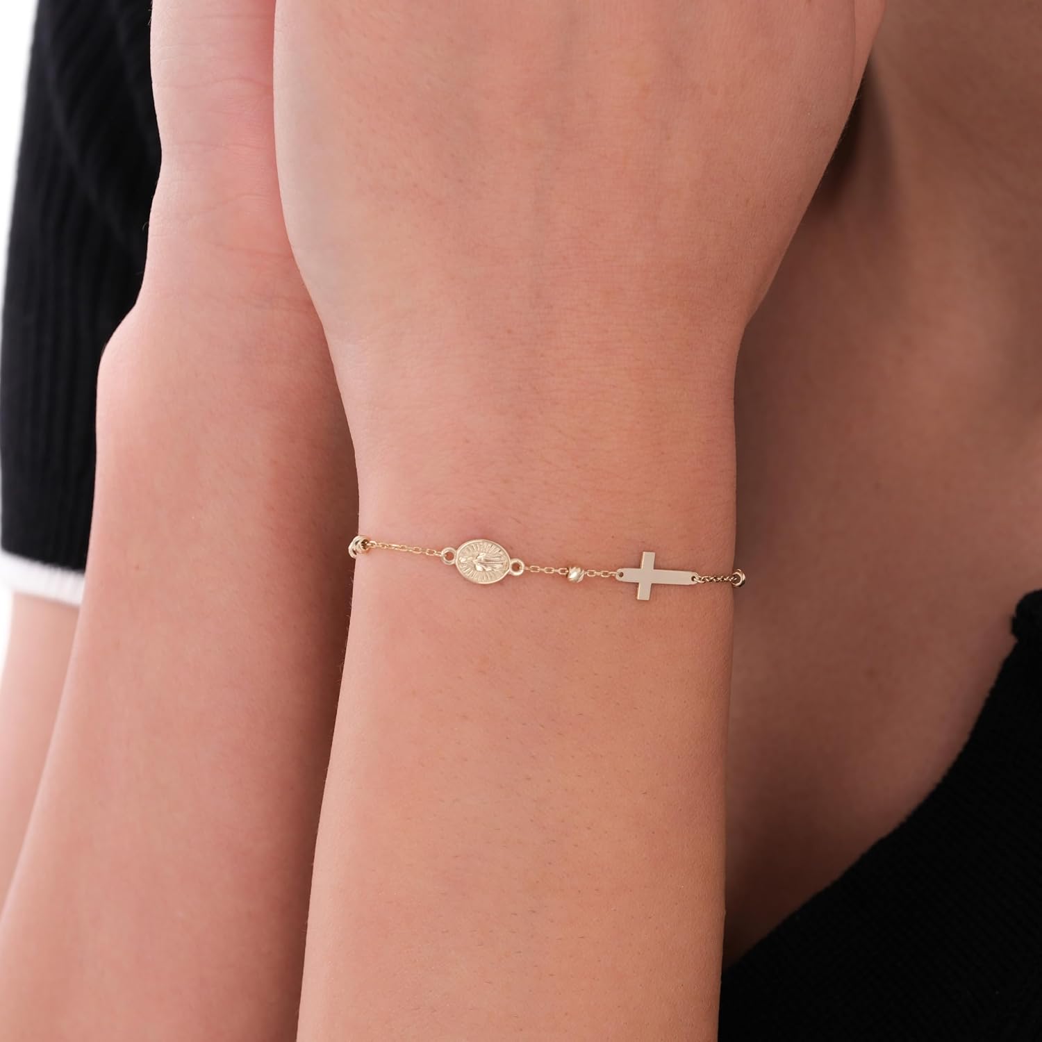 MIONZA 14K Solid Gold Rosary Sideways Cross Bracelet for Women, Adjustable Cross Bracelet, Religious Charm Catholic Jewelry, Christian Baptism Gift for Her
