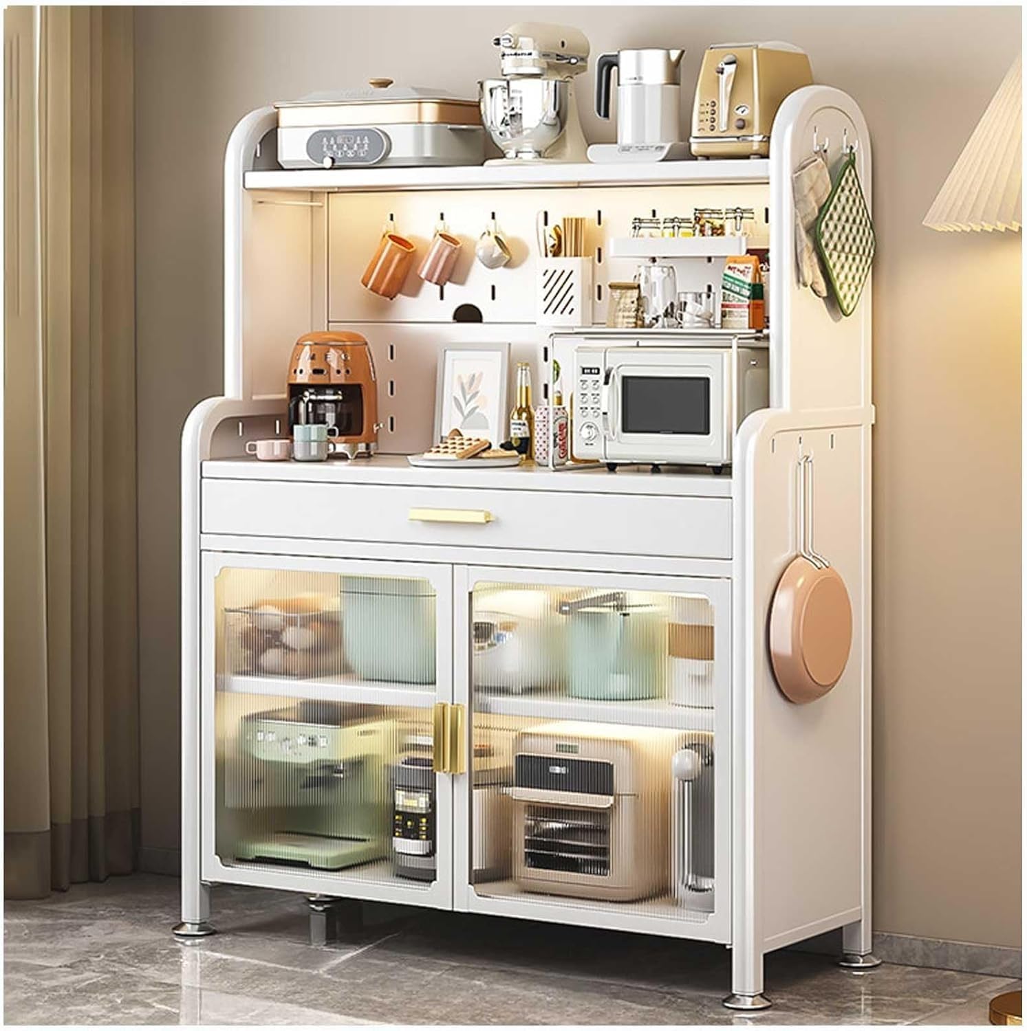 5 Tier White Bakers Rack with Adjustable Shelf Double Doors Drawer Kitchen Storage Stand for Microwave Coffee Bar Cabinet 147.5×80cm (White)