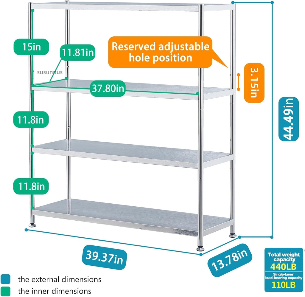 susunnus Stainless Steel Shelves 39.4in-4 Tier,Kitchen Storage Shelves,Stainless Steel Shelf Organizer, Artistic Texture, Pragmatic& Sturdy & Waterproof