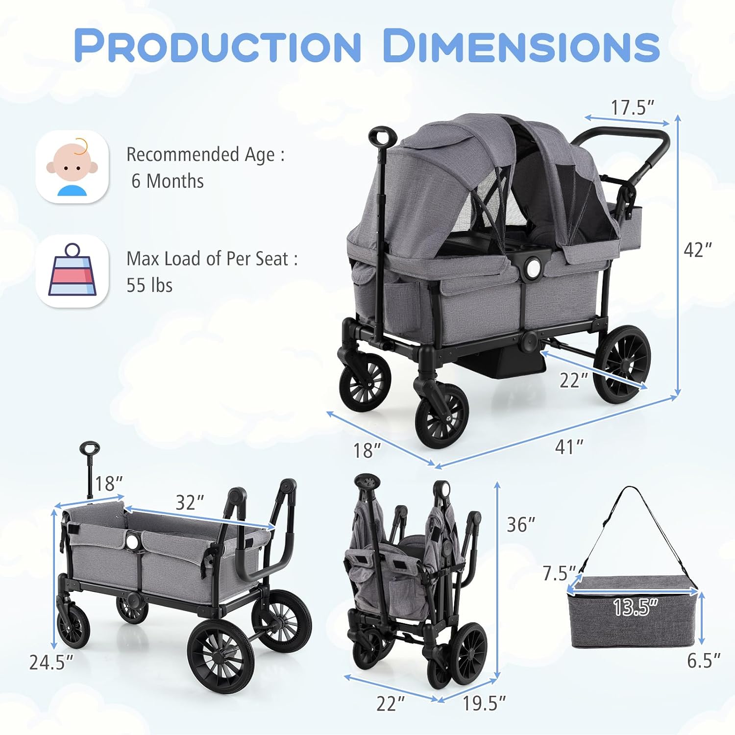 HONEY JOY Wagon Stroller for 2 Kids, 2 Seater Toddler Quad Stroller Wagon, Adjustable Push/Pull Handle Bar, Drop-Down Footwell & Upholstered Seats, Collapsible Kids Wagon with Canopy(Gray)