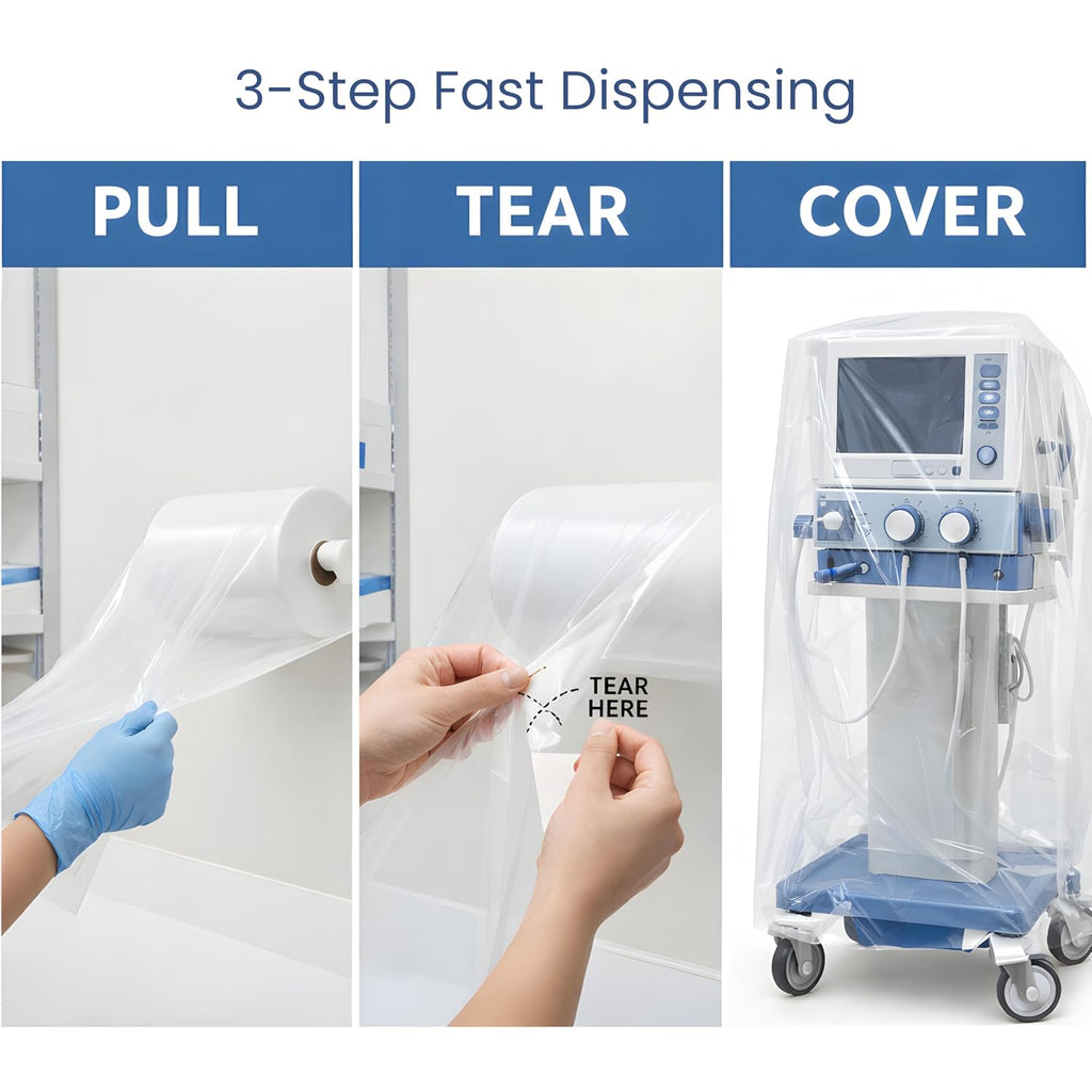 MABIS Disposable Medical Equipment Covers on Roll, Protective Dust and Moisture Barrier for Medical Devices, 28 x 22 x 60 Inch Clear Plastic, 55 Covers per Roll