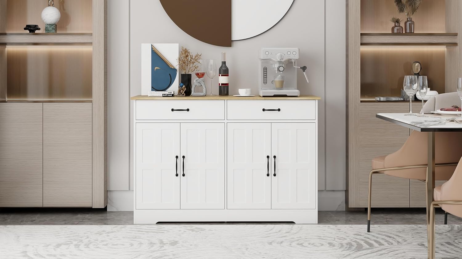 48' Carved-Door Freestanding Storage Cabinet, Kitchen Storage Bakers Rack with Metal Slides, Utility Food Cupboard for Home, White