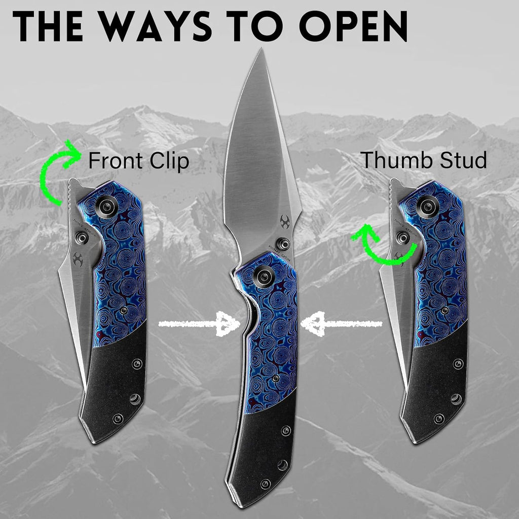 KANSEPT Fenrir Pocket Knife, 3.48' Satin CPM-S35VN Harpoon Blade, Blackwash Titanium Handle Timascus Inlay, Thumb Stud & Liner Lock with Deep Clip EDC Knives for Camping Hunting Survival K1034A7