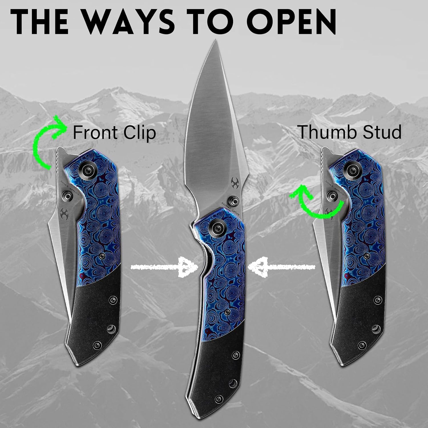 KANSEPT Fenrir Pocket Knife, 3.48' Satin CPM-S35VN Harpoon Blade, Blackwash Titanium Handle Timascus Inlay, Thumb Stud & Liner Lock with Deep Clip EDC Knives for Camping Hunting Survival K1034A7