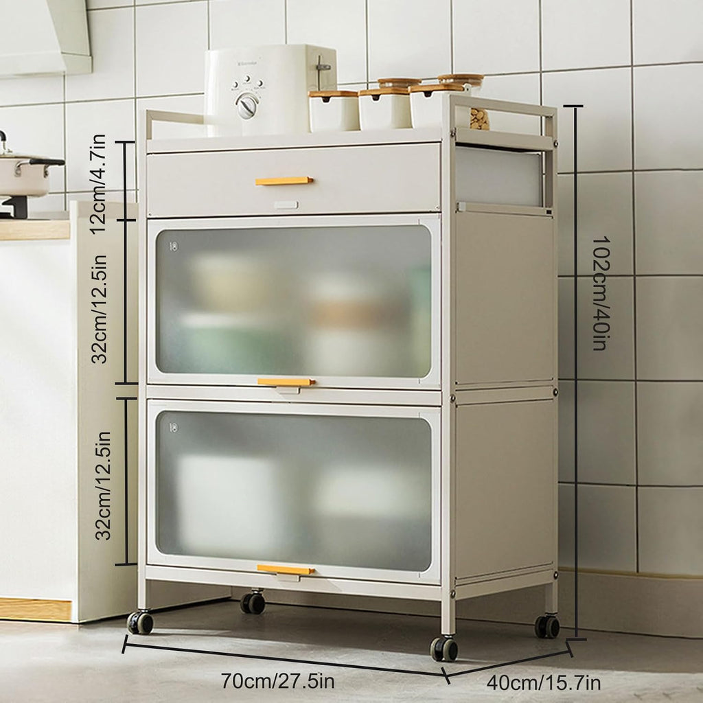 Tall Kitchen Bakers Rack with Flip Door Cabinet, 5 Tier Multifunctional Microwave Stand Buffet with Brakeable Casters and Drawer, Kitchen Pantry Storage Cabinet Shelf,White,70×102cm/27.5×40in