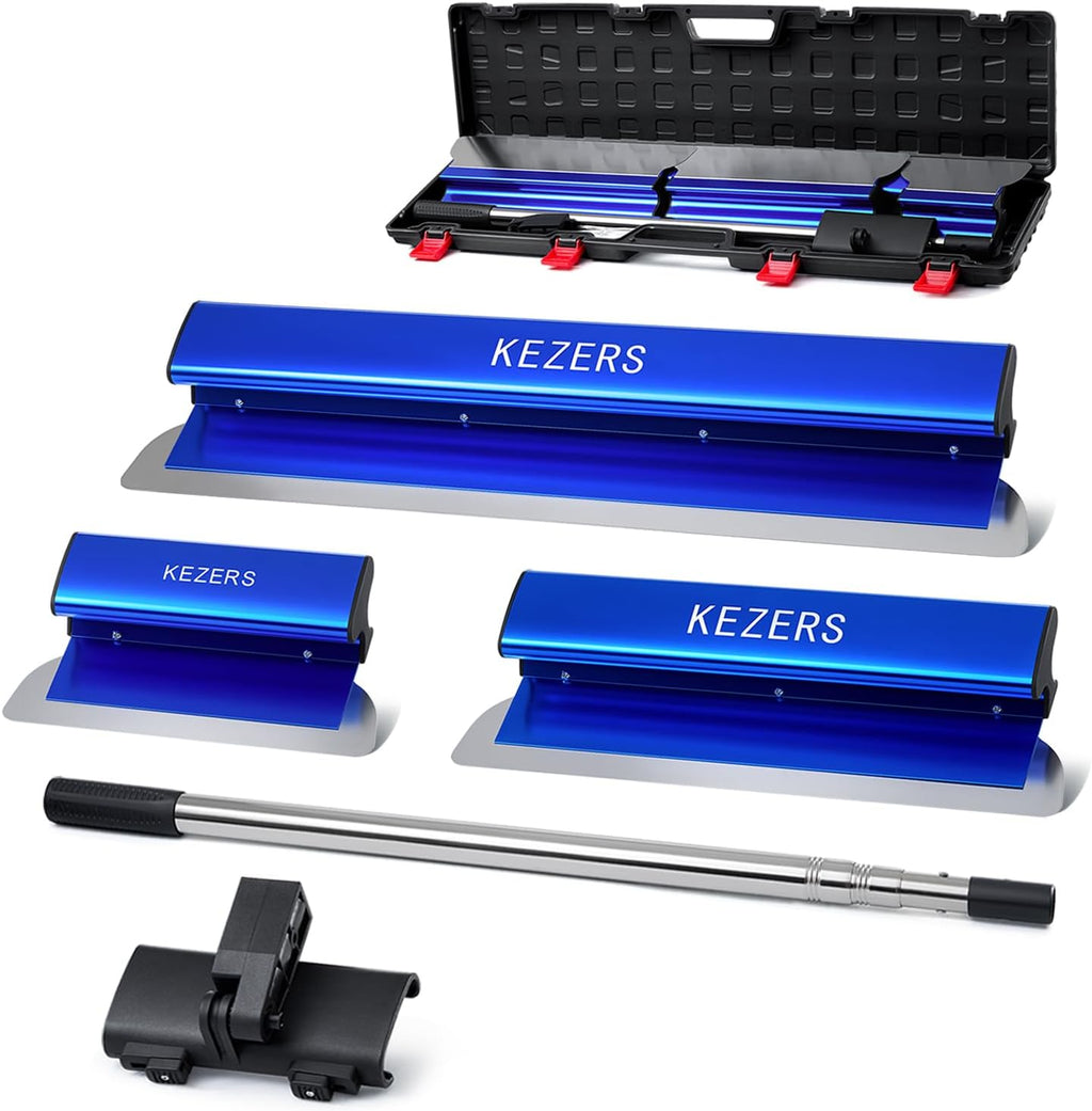 KEZERS Drywall Skimming Blade Set-12',22' & 32' Skimming Blades + 35'-81' Extension Handle Pole, Stainless Steel Construction Knife,Smoothing Drywall Knife,Extruded Aluminum,High Impact End Caps