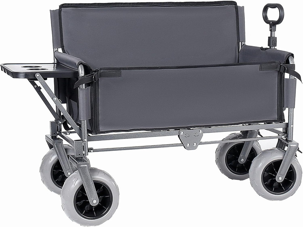 3-in-1 Folding Wagon with Seats and Table, All Terrain Beach Cart with Big Wheels for Sand, 500lbs Heavy Duty Collapsible Wagon for Camping Family Shopping (Gray)