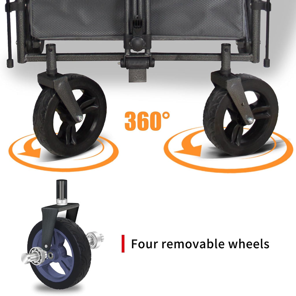 Collapsible Foldable Wagon Cart with All Terrain Wheels &Canopy& 2 Seats- Heavy Duty Utility Wagon 265 lbs Capacity for Camping, Garden, Shopping (Grey)