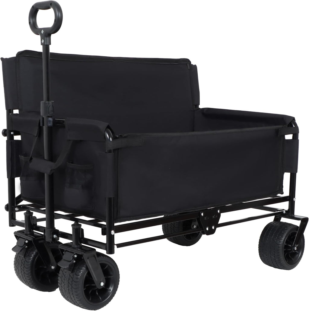 3-in-1 Convertible Folding Wagon Cart with Bench Seat & Storage - 500lbs Heavy-Duty Utility Wagon, 180L Capacity All-Terrain Wheels for Camping, Beach, Sports, Garden (Black)