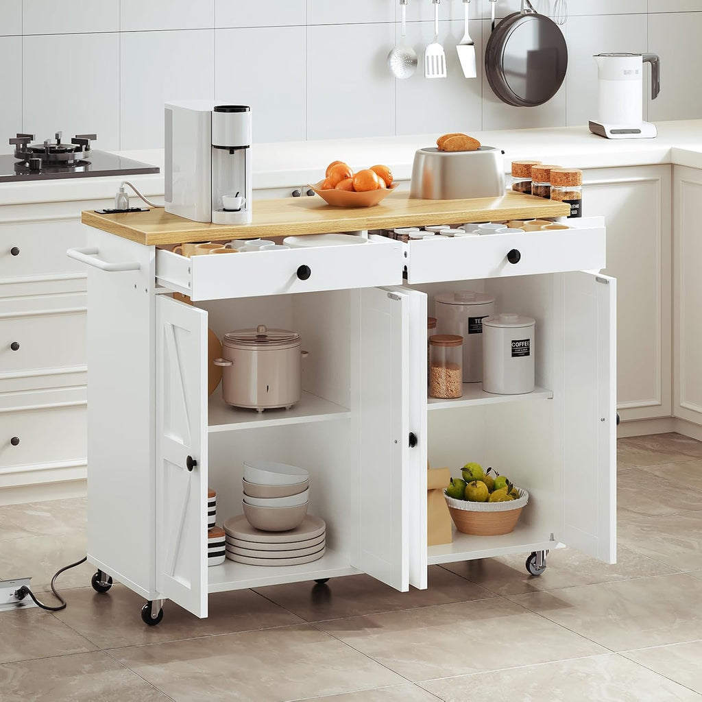 HOOBRO Kitchen Island with Power Outlet, Rolling Kitchen Island with Storage, Kitchen Island Cart with Spice Rack and Hooks, for Dining, Living Room, White and Natural WN11UZD01