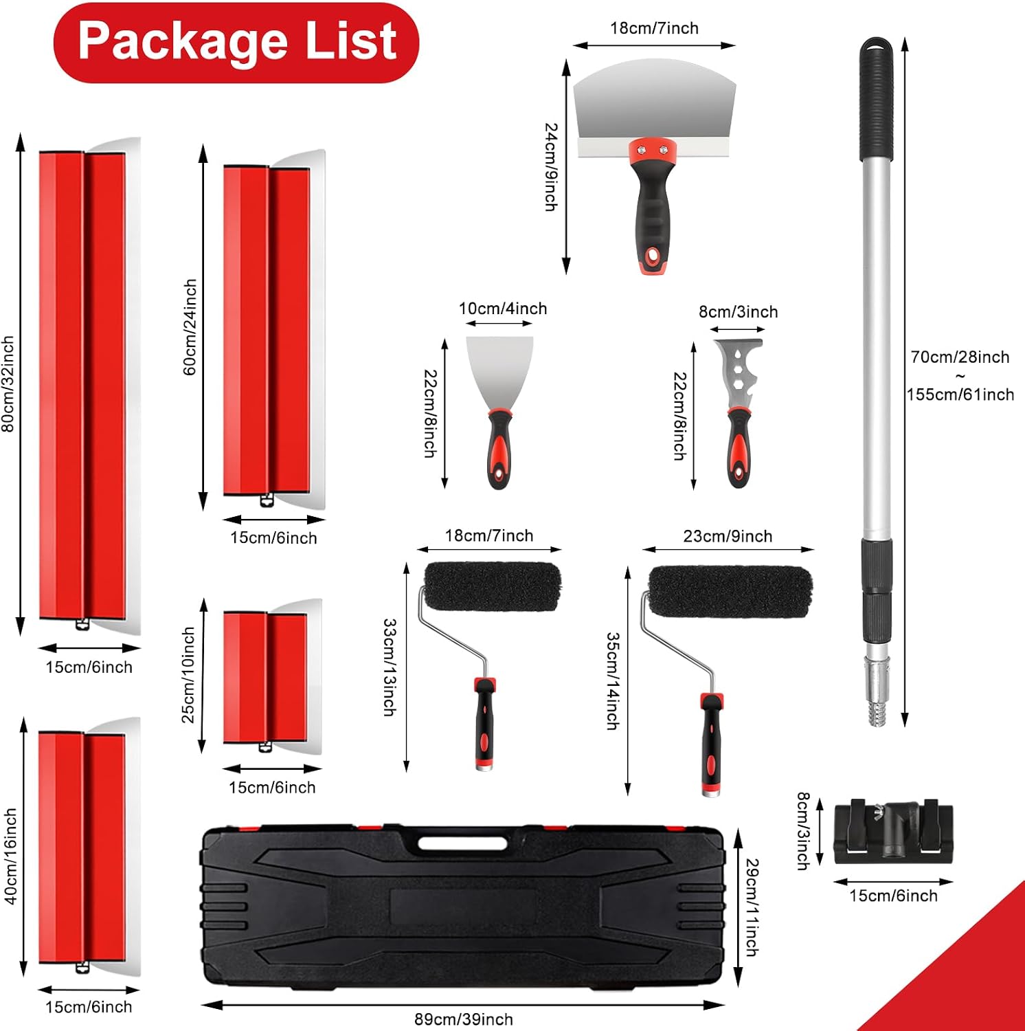 suokoun Drywall Skimming Blade Set with Case, 10/16/24/32inch Stainless Steel Skimming Blades, 7/9inch Compound Rollers, 28'-62' Extension Handle, Putty Knives Arc Scraper for Wallboard