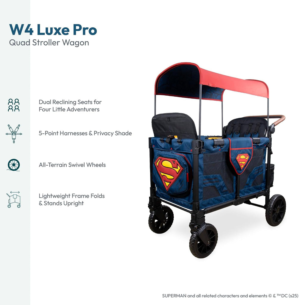 WONDERFOLD W4 Luxe Pro Special Edition Superman Stroller Wagon (4 Seater) - Collapsible Wagon Stroller with Seats with 5-Point Harnesses, Easy Access Zipper Door, and Removable Sun Canopy