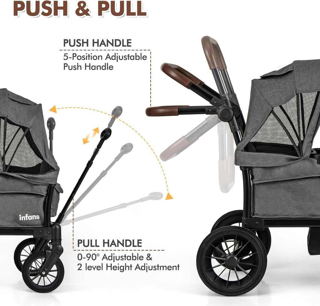 INFANS Wagon Stroller for 2 Kids, Collapsible Adjustable Push Pull Handle Bar, 2 Seater Stroller Wagon with Removable Canopy Snack Tray, Comfortable Drop-Down footwell and Upholstered Seats