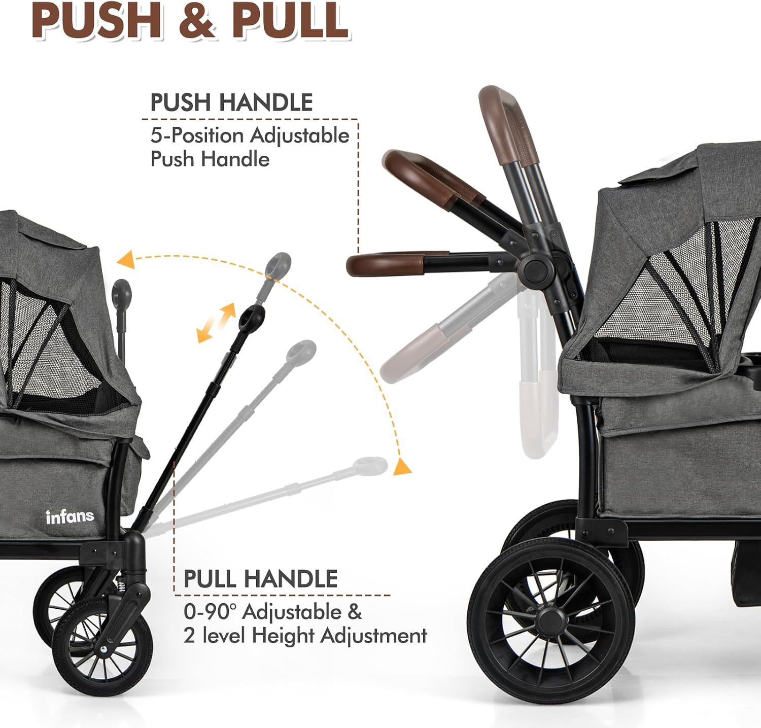 INFANS Wagon Stroller for 2 Kids, Collapsible Adjustable Push Pull Handle Bar, 2 Seater Stroller Wagon with Removable Canopy Snack Tray, Comfortable Drop-Down footwell and Upholstered Seats