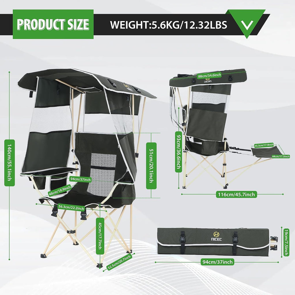 Nice C Chair with Canopy, Umbrella Chairs for Adults, Sports Chair with Shades, with Removable Footrest, Cooler Bag, Cup Holder for Camping, Fishing, Sports, Beach (2Pack Green)
