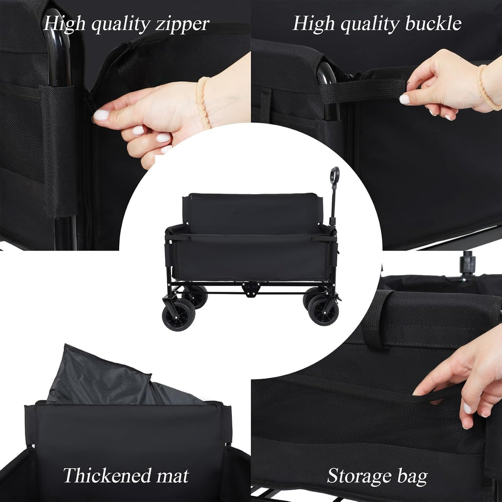 Convertible Folding Wagon Cart, 500lbs Heavy-Duty Utility Wagon with Bench Seat & Storage, 180L Capacity, All-Terrain Wheels for Camping, Beach, Sports, Garden